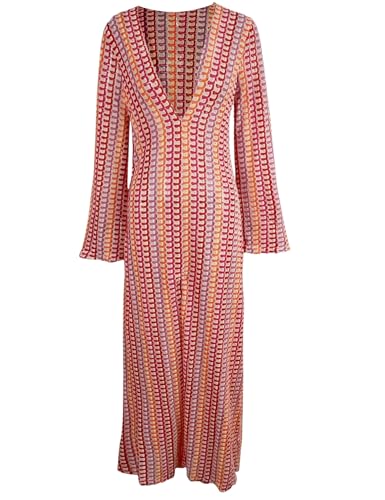 Yimoon Women’s Striped Maxi Dress Long Knit Beach Dresses Loose Fit Sexy Summer Contrast Color Side Slit Hollow Out Sundress(Red-L), Large