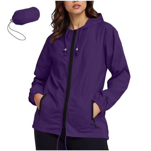 Anjikang Rain Jacket Women Lightweight Zip Up Hooded Waterpoof Windbreaker Packable Hiking Travel Lined Raincoat with Pockets