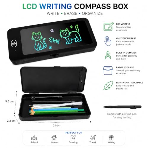 Image of LCD Writing Compass Box for Kids | Pencil Box with Writing Tablet & Stylus | Multifunction Geometry Box | School Stationery Organizer Case for Boys & Girls (Multicolor)