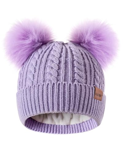 Winter Hat for Kids Toddler Children, Girls Beanie with Double Pom Pom Warm Thick Thermal Fleece Lined, Girls Accessories Cute Knit Beanies Cap for Cold Weather Purple