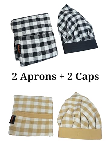 Image of Switchon Checkered Cotton Kitchen Cooking Apron with Chef Hat - Pack of 2 | Multi-Purpose Chef & Waiter Apron for Men & Women | Home, Hotels, Restaurants & Cafes | Proudly Made in India