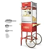 2025 Upgraded 20 oz Popcorn Machine with Cart, Popcorn Maker Machine Makes Up to 80 Cups, Movie Theater Pop Corn Machine with Stainless-Steel Kettle & 3-Switch Control & Tempered Glass Doors, Red