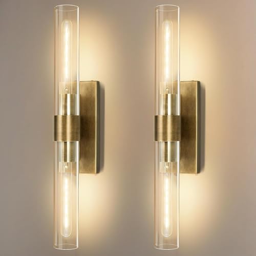 Image of Wall Sconces Set of Two, 22.8 inch Gold Bathroom Sconces Wall Lighting with Clear Glass, Modern Sconces Wall Decor Brass Light Fixtures for Bathroom Mirror Living Room Hallway Bedroom