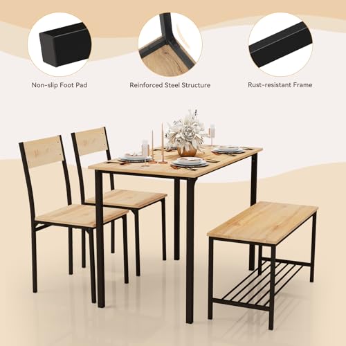 PULUOMIS Dining Table and 2 Chairs with Bench, Dining Table and Chairs Set 4 Piece Dining Room Set, Chair and Bench Set for Restaurant Kitchen Home Bistro Garden, Oak