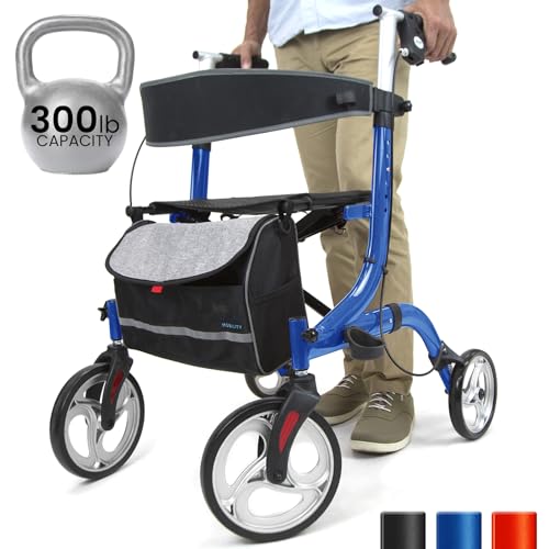 Vive Mobility Rollator Walker with Seat - Senior Easy Drive Folding Frame, Lightweight, Foldable, with Basket Support - Comfort Handles & Thick Backrest - Mobility Aid Accessories