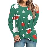 Generisch Camiseta informal de invierno para mujer, colección navideña, manga larga, túnica frontal, cuello redondo, verde, XL