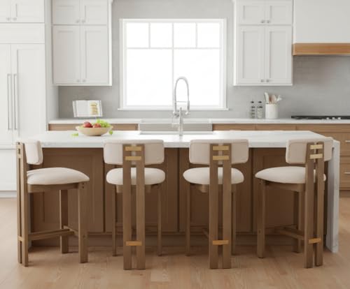 Image of BESTANO 26 inch Counter Stools Set of 4 Counter Height Bar Stools with Back and Solid Wood Legs Modern Farmhouse Linen Upholstered Kitchen Bar Stools Countertop Chairs, Beige