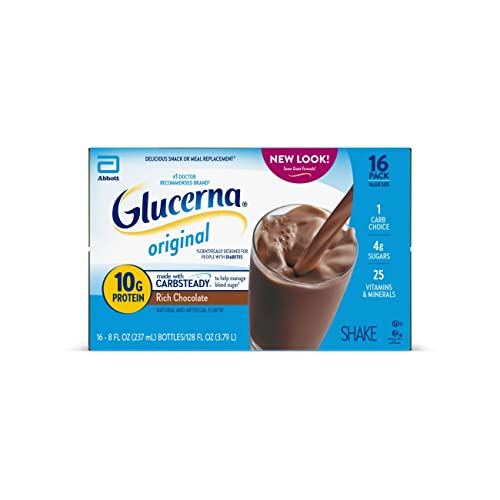 Glucerna Nutritional Shake, Diabetic Drink to Support Blood Sugar Management, 10g Protein, 180 Calories, Rich Chocolate, 8-fl-oz Bottle, 16 Count