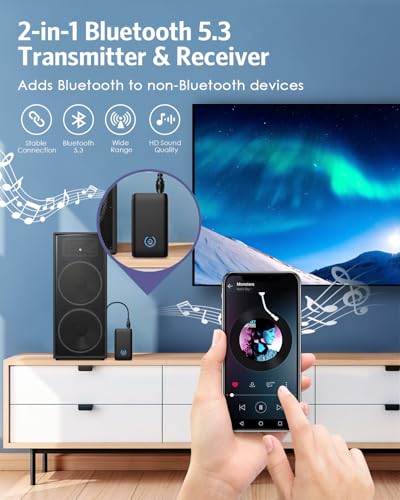 OQIMAX Bluetooth 5.3 Transmitter Receiver, 2-in-1 3.5mm Wireless Bluetooth Audio Adapter with Low Latency, Noise Reduction, Plug and Play Audio Receiver for TV PC Headphones Speakers Stereo Systems