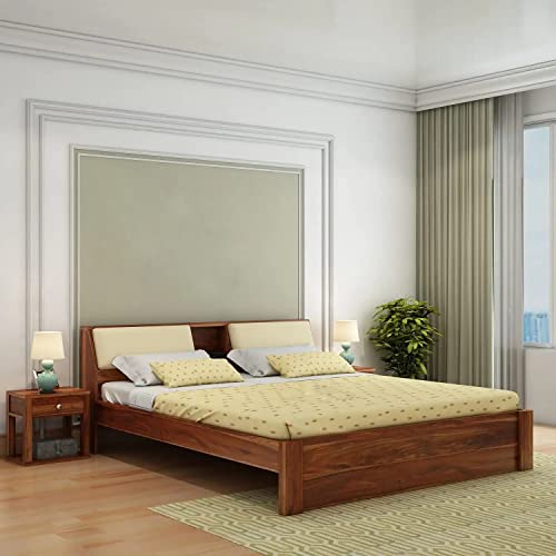 Image of Solid Sheesham Wood Queen Size Bed with Headboard Storage Wooden Double Bed Cot Palang for Bedroom Living Room Home Hotel - Honey Finish | 1 Year Warranty