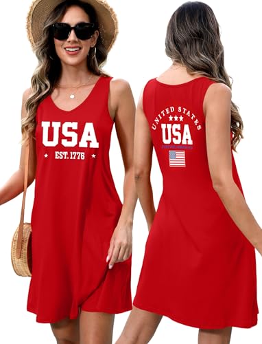 Image of LHBNK 4th of July Dress for Women: American Flag Tank Dresses Star Striped Splicing Loose V Neck Sundresses