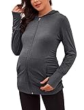 DEBELLY Maternity Hooded Sweatshirt Full Zip-up Pregnancy Jacket Long Sleeve with Thumb Hole Pregnant Women Fall Tops Light Pocketed Outwear with Side Pleats,Dark Grey,M