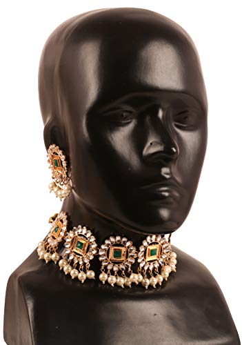 Image of Touchstone Mughal Jali Collection Gold Tone Indian Mughal Bollywood White Diamante Jewelry Choker Set for Women