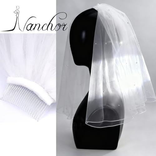 Bridal Wedding Veil Short Communion Veils for Bachelorette Party with Rhinestone Comb Tulle 38cm/15”White …