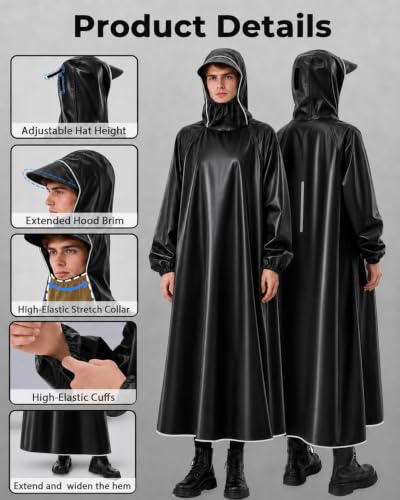 Image of ANYCHO Long Rain Coat for Men Waterproof and Women, Unisex Raincoat for Women Waterproof with 10cm Extra-High Collar & Reflective Stripe, Oxford Rain Poncho for Travel, Hiking, Motorcycle Riding