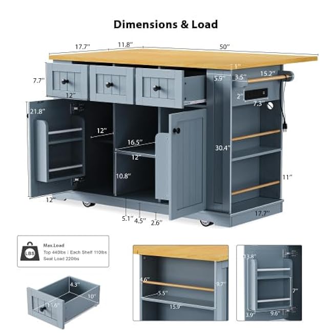 53 inch Large Kitchen Island with Drop Leaf, Power Outlet, Door Internal Storage Rack, Rolling Kitchen Cart on 5 Wheels for Kitchen, Dining Room-j98sRuU3