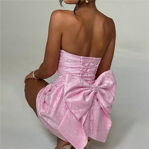 BNGD Women's Solid Color Bustier Backless Bow Dress Sexy Jacquard Strappy Mini Skirt3