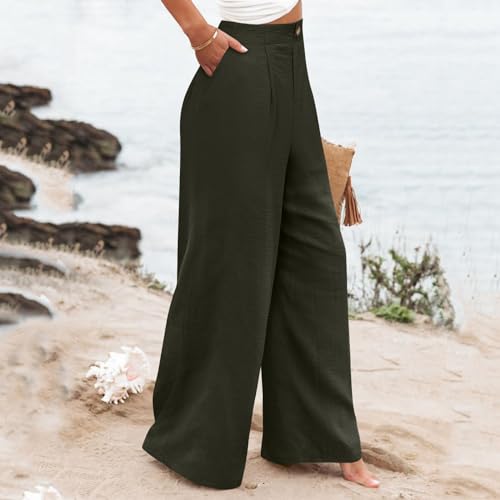 Women's Solid Color Casual High Waisted Buttoned Elastic Pocket Wide Leg Straight Dressy Loose Fit Pants3