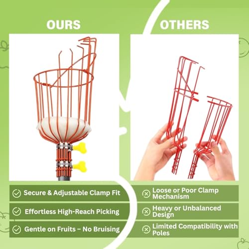 Image of ecofynd Fruit Picker Tool with Adjustable Pole Fixing Clamp, Metal Frame Basket for Mango, Apple, Lemon & Orange, Lightweight Fruit Harvester for Safe Fruit Picking from Trees, Garden & Farm (Orange)
