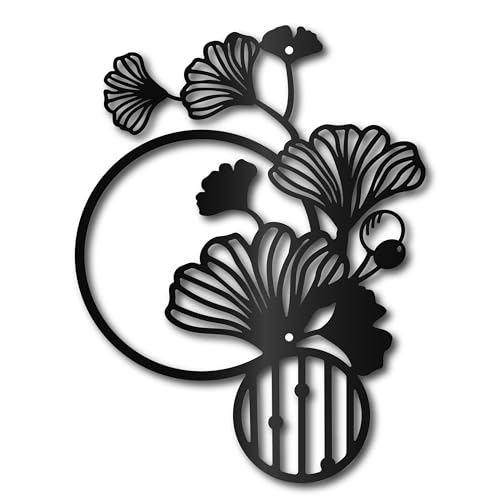 CREATCABIN Art Mural Métal Ginkgo Feuille Ginkgo Décoration Murale Sculptures Noires Ornement Mural Suspendre Panneau Métal Ajouré pour Salle Bain Salon Chambre Porche Patio Clôture Jardin 23x30cm
