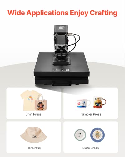 Image of VEVOR Heat Press, 15 x 15 inch Heat Press Machine for T-Shirts, Fast and Even Heating, Easy to Use, High Pressure for Digital Industrial-Quality Sublimation Printer for Transfer Vinyl, T-Shirt, Black