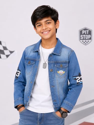 Image of KiddoPanti Boys Denim Jacket | Cotton Poly Blend with Spandex | Washed Denim, Full Sleeve | Button Closure & Front Flap Pockets | Collared Neck