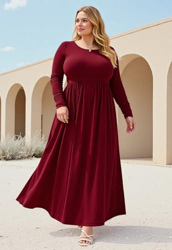 Image of Nemidor Plus Size Maxi Dress for Curvy Women Fall Casual Loose Long Sleeve Dresses with Pocket 14-26
