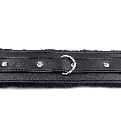Image of Fur-lined Black Leather Bondage Collar and Leash Set, Leather Bondage Toys Sex Collar with Chain Leash for SM Games