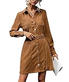 SOMTHRON Vestido informal de pana para mujer, manga larga, color sólido, corte ajustado, mini vestido con cinturón, camel, M