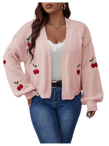 MakeMeChic Women's Plus Size Embroidery Cardigan Open Front Lantern Sleeve Cardigan Sweater Drop Shoulder Crop Cute Outerwear