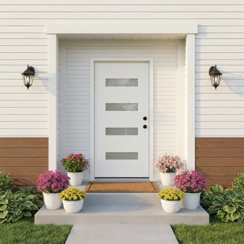 Image of Casaphoria 36 inch x 80 inch Fiberglass Entry Door with 4-9 /16 inch Vinyl Frame,Right Hand Inswing Exterior Door with Brickmould,Contemporary Wooden Grain Knock-Down Front Door for Home Entrance, White