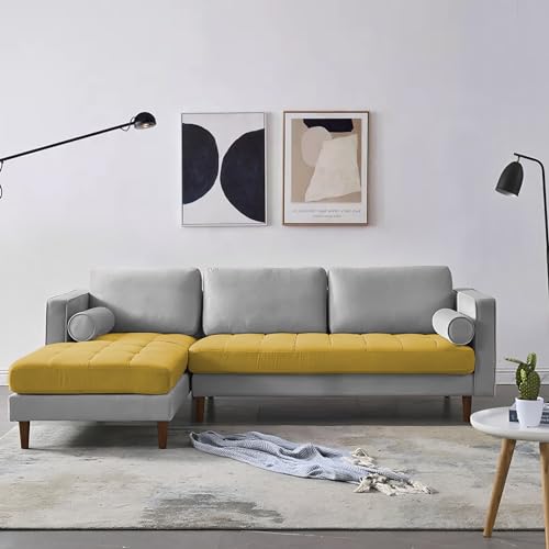 Image of Lezra LHS 4 Seater L Shape Sofa Set for Living Room (Yellow Grey Fabric) Premium Fabric Sofa