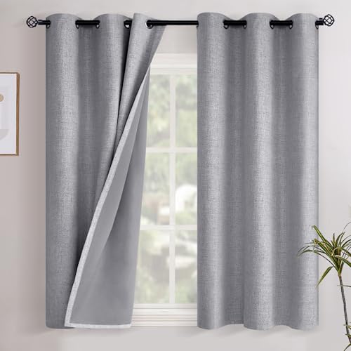 YoungsTex Grey Linen Blackout Curtains 48 Inch Length for Bedroom