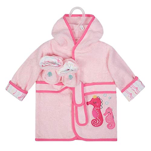 Image of Baby Girl's 0-9 Months Pink Seahorse Robe and Booties Set