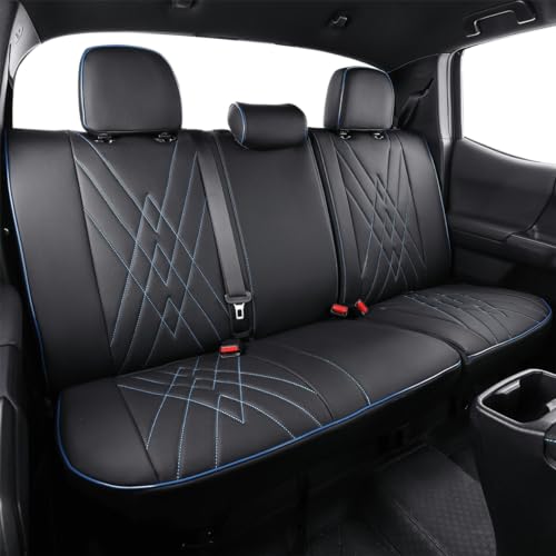 Image of EKR Custom Fit Tacoma Rear Car Seat Covers for Toyota Tacoma 2016 2017 2018 2019 2020 2021 2022 2023 Double Cab /Crew Cab - Second Row Only,Faux Leather(Black with Blue Trim)