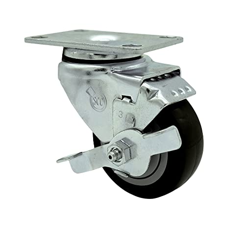 Polyurethane Swivel Top Plate Swivel Caster with 3 Inch Black Wheel and Top Locking Brake - 300 lbs. Capacity Per Caster - Service Caster Brand