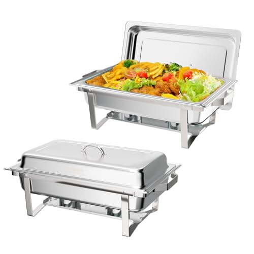 ROVSUN 2 Pack Chafing Dish for Buffet, 9 Quart Stainless Steel Chafing Dish Buffet Set with Rolled-Edge Design, Chafers and Buffet Warmers Sets with Folding Frame for Party, Catering, Wedding