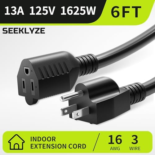 Seeklyze 16/3 Black Extension Cord 6 FT Indoor, Short Extension Cord