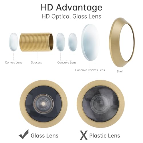 HOJLKLD Türspion, Türspion, massives Messing, 200 Grad Türspion mit 16 mm Bohrer, 1,6 cm Rohrdurchmesser Spion mit robuster Sichtschutzabdeckung für 3,5 cm bis 6,4 cm Türen (Gold)