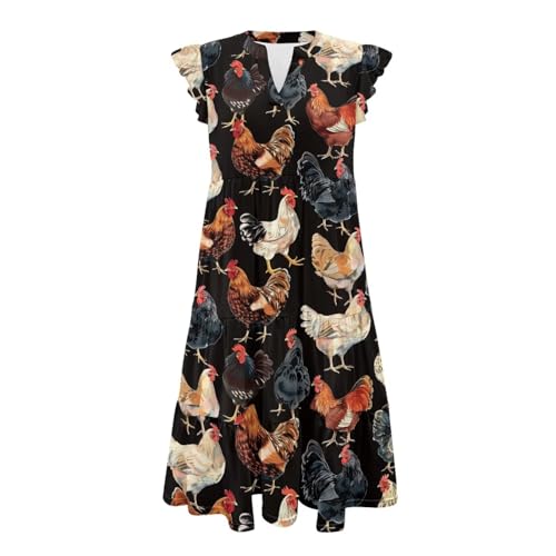 Image of Women's Casual Ruffle Sleeve Dress V Neck Pullover Dress Flowy A-Line Pleated Lightweight Dress with Pockets