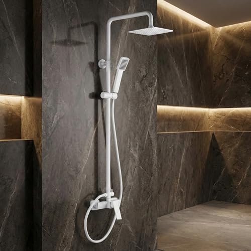 IMEX - Colonne Douche Blanche Salle de Bain | Colonne de Douche Laiton avec Mitigeur Blanc | Colonne de Douche avec Robinet Reglable | Barre en Acier Inoxydable S.304 Extensible | Série Art
