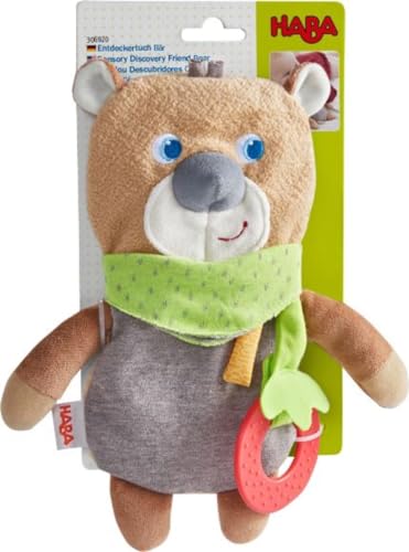 HABA Entdeckertuch Bär, Baby Spielzeug mit Beißring, Baby Kuscheltier für Schnuller, Greifling, Wärmekissen, Geschenk zur Geburt - 1306920001, Braun