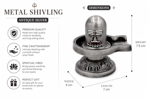 Image of Metal Shivling for Home Puja | Antique Brass Finish Shiv Ling Murti | Mahakal Shivling Idol for Temple, Office Desk & Meditation | Shiva Lingam Spiritual Gift (Silver Metal Shivling)