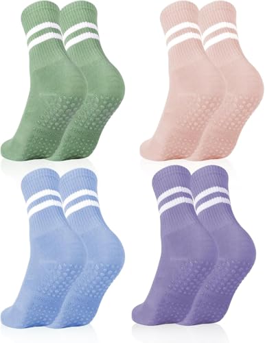 CKKAPTURE 4 Pairs Women's Pilates Anti-Slip Socks - Long Non-Slip for Pilates, Ballet, Hospital (1 Blue/ 1 Green/ 1 Purple/ 1 Pink)