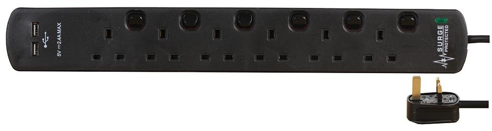 PRO ELEC2m 6 Gang 2 USB Surge Protected Extension Lead, Black