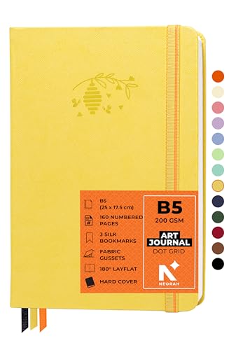 Image of NEORAH - B5 - ART JOURNAL | 200Gsm Dotgrid Notebook |160 Pages(25.0 x 17.5 cm) | Lay Flat |HardCover Bullet - Journal |3 Bookmarks |Elastic Closure| Inner BackPocket | Ideal-Bujo,Drawing (YELLOW)