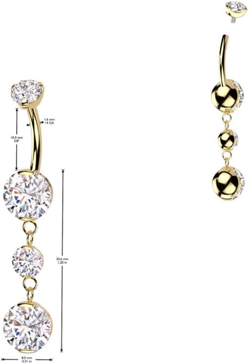Implant Grade Titanium Internally Threaded Double Prong Set Belly Button Ring With 2 Round Prong Set Dangle