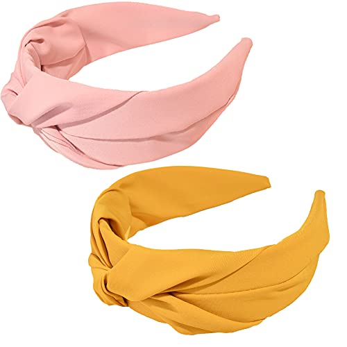 Geyan 2 Stücke Haarreifen Stirnbänder Geknotetes Damen Headbands Stoff Einfarbiges Breiter Krempe Haarreif für Gesichtsreinigung Make-up Täglich Leben (Hellrosa+Gelb) Cover