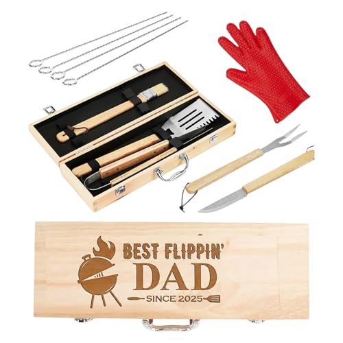 Custom Engraved BBQ Grill Set for Dad, 11 Pcs Grill Tool Set, Personalized BBQ Gift for Dad, Best Dad Barbecue Accessories, Stainless Steel Grill Tools with Wooden Case, BBQ Gifts for Men