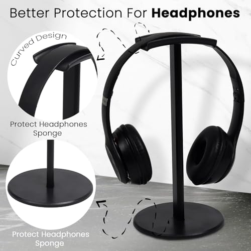 Image of GadgetBite Headphone Stand for Table Desk Aluminum Headphone Holder Gaming Headset Holder for Table Top ABS Solid Base Headphone Accessorie Organiser for PC Office Home Gaming Headsets - Black